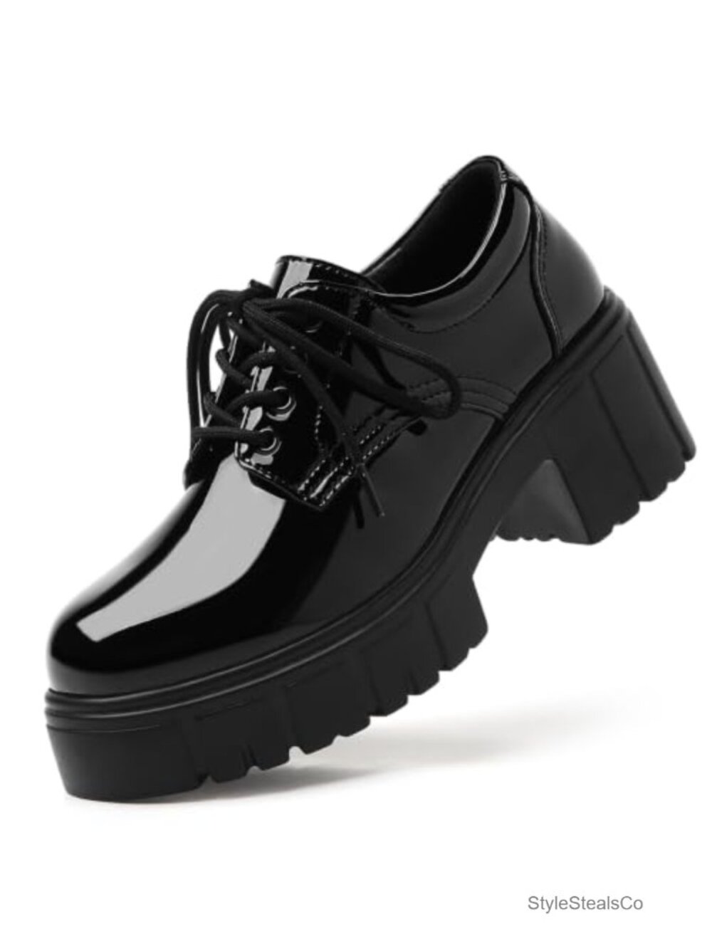 Patent Leather Platform Oxfords Chunky Block Heel Lace-Up Dress Shoes